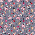 Make Up seamless pattern. Fashion. Glamor accessories. Watercolor pattern with lipstick, perfume and nail polish on a gray