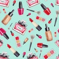 Make Up seamless pattern. Fashion. Glamor accessories. Watercolor pattern with lipstick, perfume and nail polish on a green