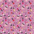 Make Up seamless pattern. Fashion. Glamor accessories. Watercolor pattern with lipstick, perfume and nail polish on a pink