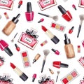 Make Up seamless pattern. Fashion. Glamor accessories. Watercolor pattern with lipstick, perfume and nail polish on a white