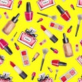 Make Up seamless pattern. Fashion. Glamor accessories. Watercolor pattern with lipstick, perfume and nail polish on a yellow