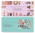Make up services set of banners. Fashion time vector illustration. Beauty products and accessories such as lipstick, eye