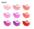 Make up set. brush stroke.strokes of lipsticks various colors isolated on white.smudges range of colors. Elements for Royalty Free Stock Photo