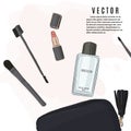 Make-up set: lipstick, brushes, cosmetic bag and perfume sketch illustration. Vector hand drawn beuaty cosmetic products