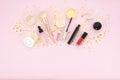 Make-up set of professional decorative cosmetics, makeup tools and accessory on pink background. beauty, fashion and Royalty Free Stock Photo