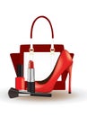 Make up set with red shoe and handbag Royalty Free Stock Photo