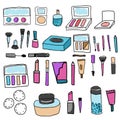 Make up set. Tools and cosmetic. Eyeshadows, lipstick, foundation and other icons in hand drawn quirky style