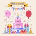Make a Wish Birthday Card with Cute Kawaii Cake