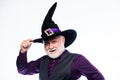 Make a wish. happy halloween. evil wizard. Stargazer or astrologer. halloween holiday costume. bearded man ready for