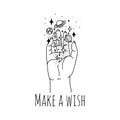 Make wish linear hand holding stars and planets Royalty Free Stock Photo