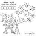 Make a word out of letters in the stars. Puzzle Game. Coloring Page Outline Of Cartoon alien with telescope. Space. Coloring book