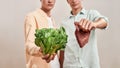 Make your choice. Two young men, caucasian twin brothers holding fresh green salad and piece of meat while standing