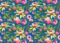 seamless floral pattern, yellowish-grey and pink floral pattern with green leaves and blue background Royalty Free Stock Photo