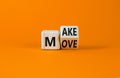 Make your move symbol. Turned a wooden cube with words `Make move`. Beautiful orange background. Make your move and business Royalty Free Stock Photo