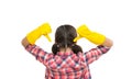 Make your world spotless. Housekeeping duties. Cleaning supplies. Girl rubber gloves for cleaning white background