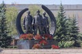 Makeevka, Ukraine - August 23, 2018: Flowers laid at the monument to the miners