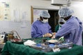 Makeni, Sierra Leone - June 22, 2019: doctors surgeons operating on a patient in an african hospital, tools on a table