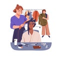 Makeover in beauty salon. Woman client, hairdresser, fashion stylist. Hairstylist making hair style, changing clothes