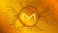 Maker MKR cryptocurrency token symbol of the DeFi project in circle with PCB tracks on gold background.