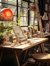 A maker space equipped with artistic tools and ongoing projects Royalty Free Stock Photo