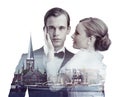 He makes them weak at the knees. Multiple exposure shot of a city superimposed on a couple in stylish vintage evening