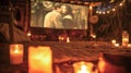 A makeshift outdoor theater complete with an oldfashioned movie screen candles and a blazing fire. 2d flat cartoon