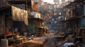 Makeshift shacks in a poverty stricken city slum. Generative AI