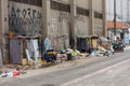 Makeshift shacks on the sidewalks. Poverty in the city, economic recession, homeless