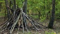 A makeshift shelter in the forest, a clumsy hut built of branches. Royalty Free Stock Photo