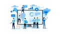 Maketing online concept. People with big computer screen and small blue icons