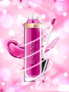 Makeup ads template charming lipstick mockup with sparkling background. Lipstick with Sakura flower