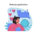 Makeup application tutorial. A cheerful woman engages with various cosmetics. Royalty Free Stock Photo