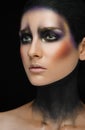 Makeup art and beautiful model theme: beautiful girl with a creative make-up black-and-purple and gold colors on a black backgroun Royalty Free Stock Photo