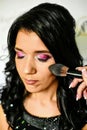 Makeup artist applies applies decorative cosmetics. Beautiful woman face. Royalty Free Stock Photo