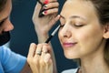 Makeup artist applies eye shadow, perfect evening make up in beauty salon. Customer woman to create an amazing image Royalty Free Stock Photo