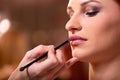 Makeup artist applies red lipstick . Beautiful woman face. Hand of make-up master, painting lips of young beauty model Royalty Free Stock Photo