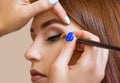 Makeup artist apply makeup and make eye liner with a professional brush in a beauty salon