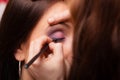 Makeup artist applying with brush eyeshadow on eyelid of woman Royalty Free Stock Photo