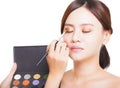 Makeup artist applying colorful eyeshadow on model's eye with a