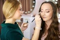Makeup artist applying eyeshadow on woman eyelid. Royalty Free Stock Photo