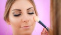 Makeup artist applying makeup on her face using powder brush Royalty Free Stock Photo