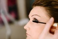 Makeup artist applying mascara on bride eyelashes.