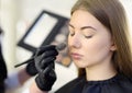 Makeup artist applying the tone of the foundation using special brush on face young beautiful model. Facial care and make up Royalty Free Stock Photo