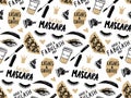 Makeup artist background. Seamless pattern with mascara, eyeshadow, eyes, brows and long black lashes, Paper coffee cup