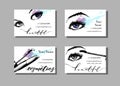 Makeup artist business card. Vector template with makeup items pattern - with beautiful female eyes and mascara. Fashion