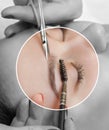 Makeup artist does facial hair removal procedure. Beautiful girl having Permanent Make-up on her Eyebrows. The make-up artist does Royalty Free Stock Photo