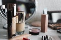 Makeup artist kit, eye shadow, foundation, powder, mirror, eyeliner pencils, lipstick and more