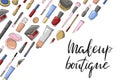 Makeup artist logo banner. Face care beauty tools set. Sketch of cosmetics products Royalty Free Stock Photo