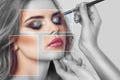 Makeup artist makes smoky eyes makeup. Applying make-up and face care Royalty Free Stock Photo