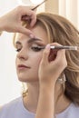 Makeup artist puts make up on girl model. wedding, evening makeup, natural makeup. make-up artist puts eye shadow on eyelids Royalty Free Stock Photo